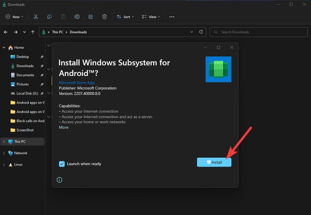 Η οθόνη για την εγκατάσταση της εφαρμογής Windows Subsystem for Android