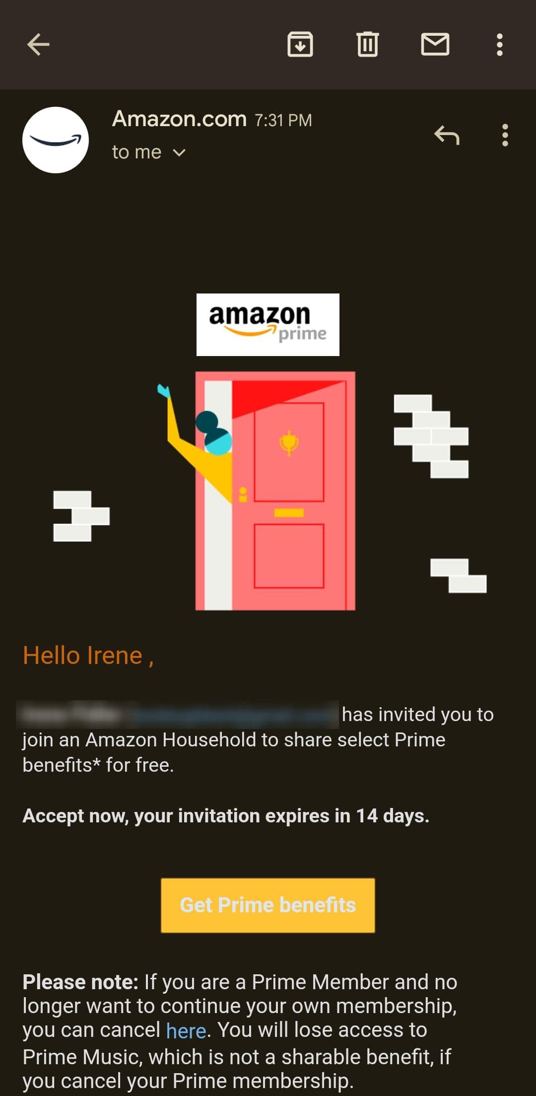 Email πρόσκλησης για συμμετοχή στο Amazon Prime Household