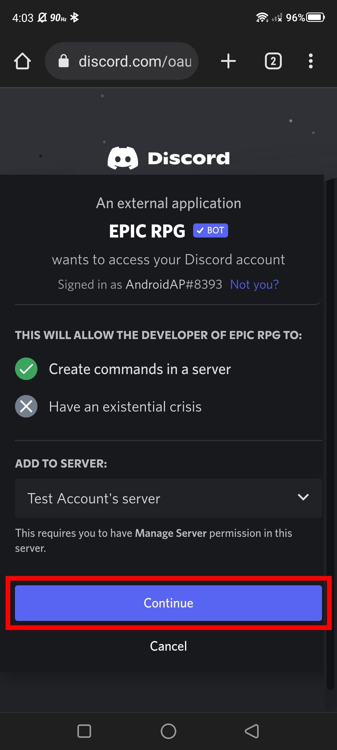 Οπτικό βοήθημα κόκκινου ορθογώνιου κουτιού που περιγράφει το κουμπί Συνέχεια για τα δικαιώματα Discord στην εφαρμογή Discord για κινητά
