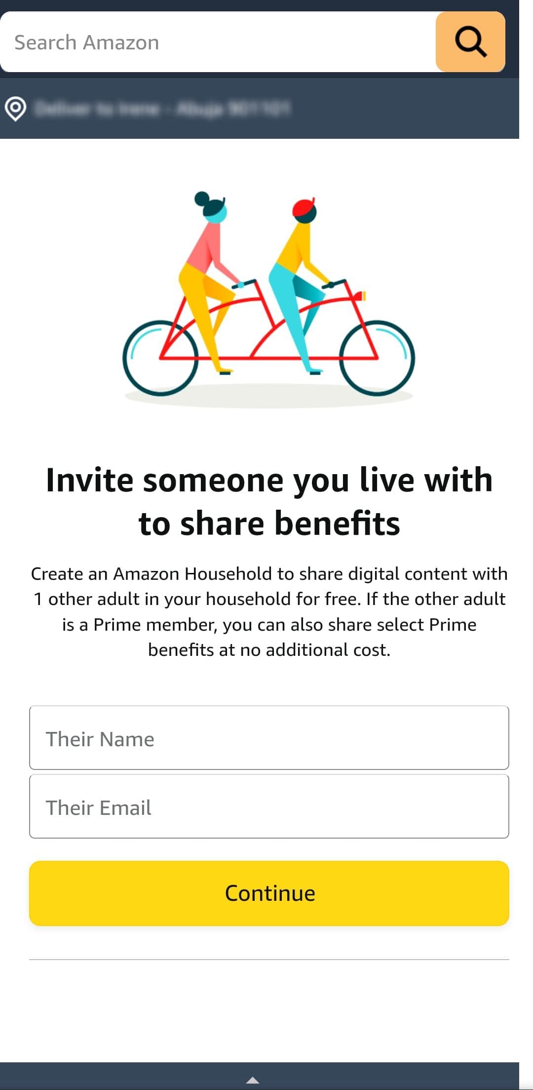 Προσκαλώντας κάποιον να μοιραστεί τα οφέλη του Amazon Homehold με email και το όνομά του
