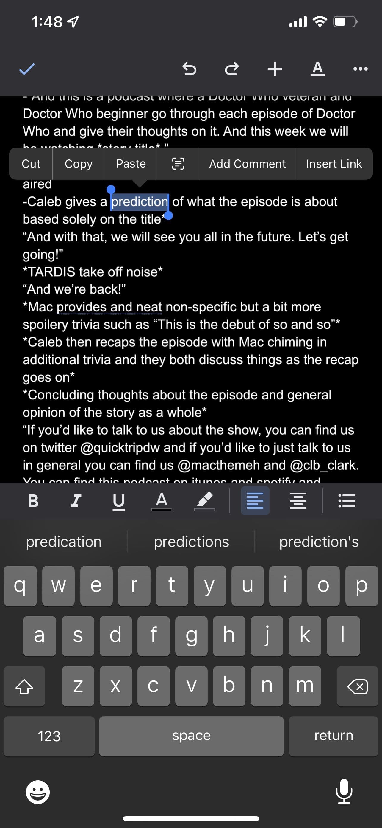 Ένα στιγμιότυπο οθόνης των Εγγράφων Google σε iOS με επισημασμένο κείμενο.