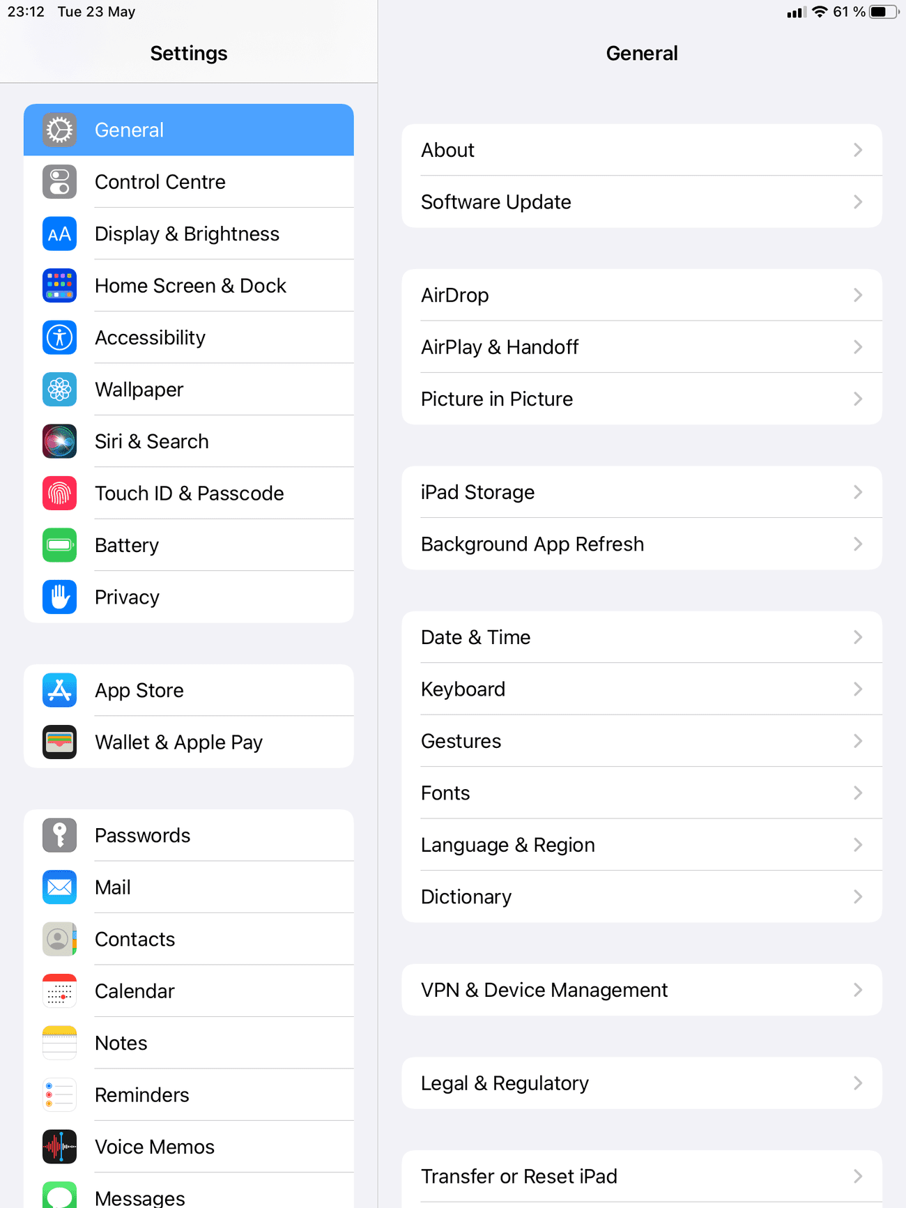 Στιγμιότυπο οθόνης των ρυθμίσεων του iPad
