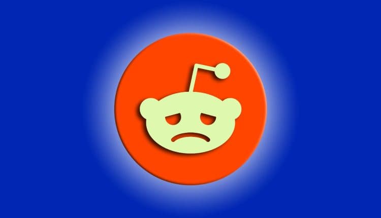 A blue background with the Reddit logo, which features a white alien head. However, in this version, the alien's face is shown with a sad expression, with its eyes semi-closed and mouth turned down.
