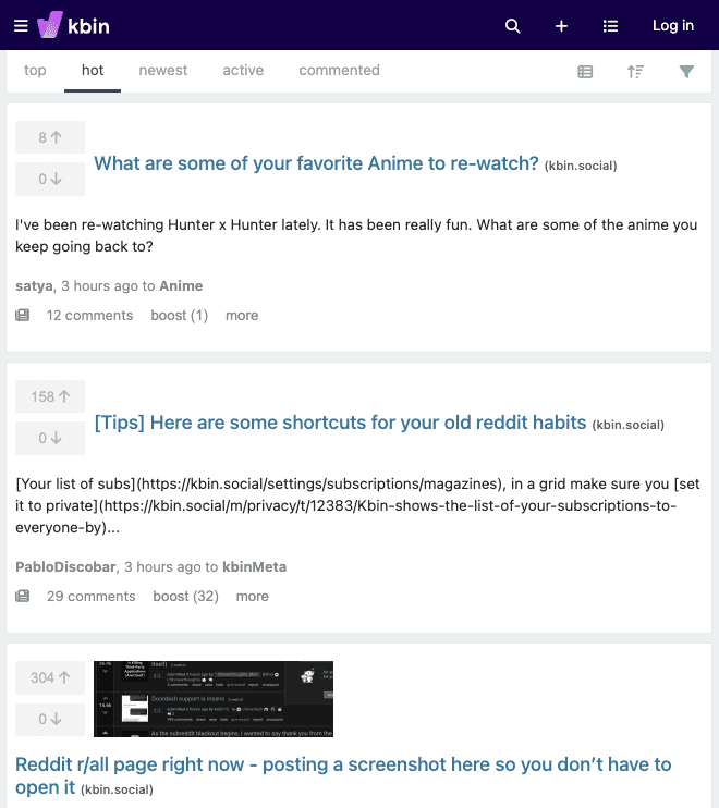 Στιγμιότυπο οθόνης της αρχικής σελίδας του kbin κατά τη διακοπή λειτουργίας του Reddit