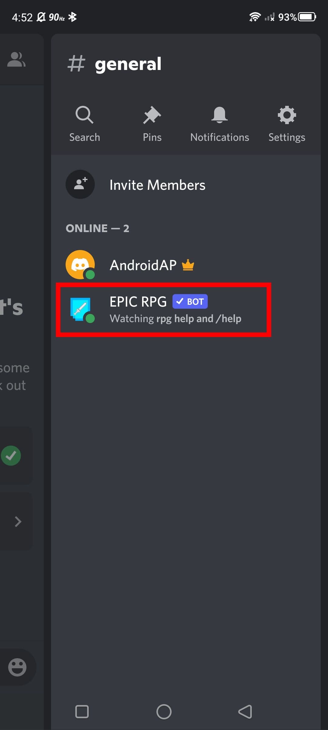 Κόκκινο ορθογώνιο οπτικό βοήθημα που σκιαγραφεί το Epic RPG bot στη σελίδα λίστας μελών (εφαρμογή Discord για κινητά)