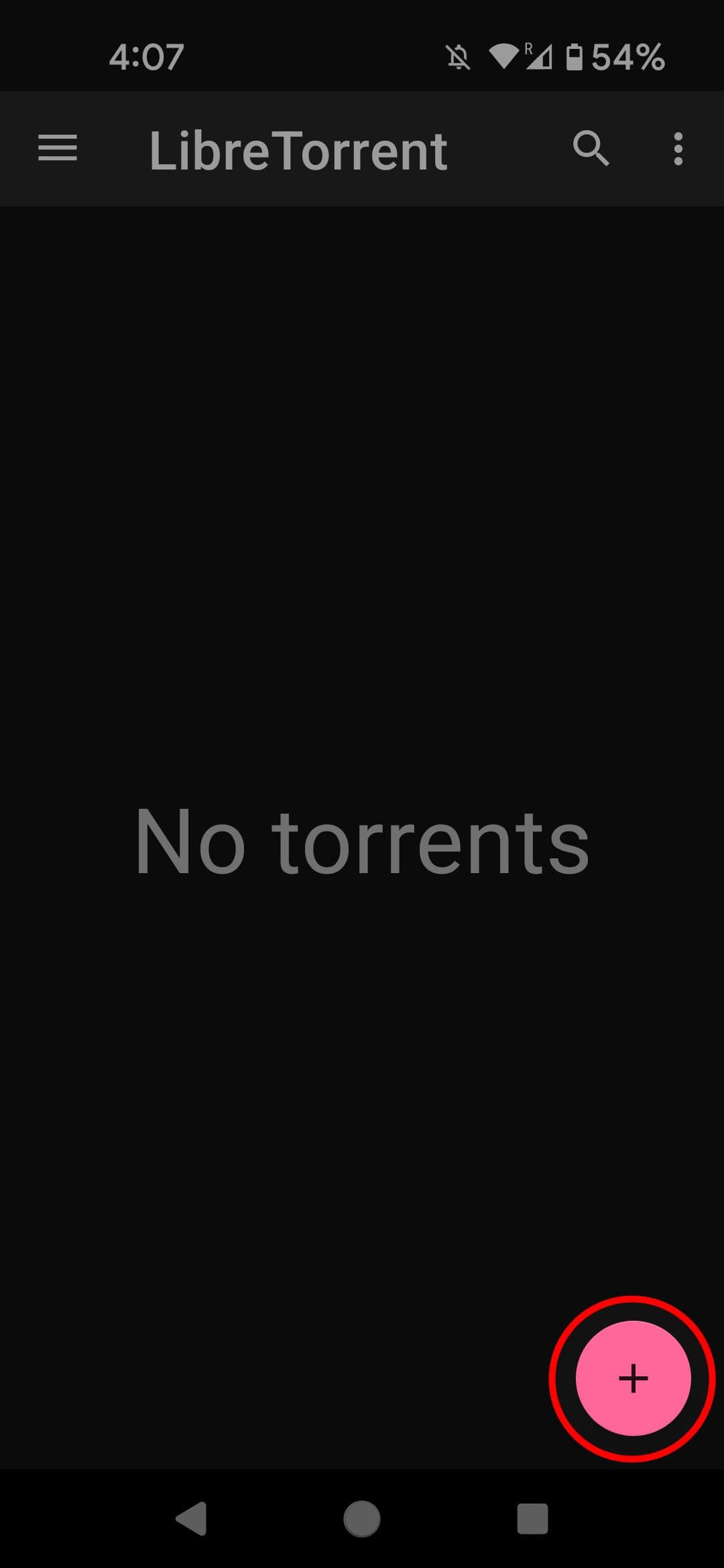 Οθόνη βάσης LibreTorrent που επισημαίνει το κουμπί συν