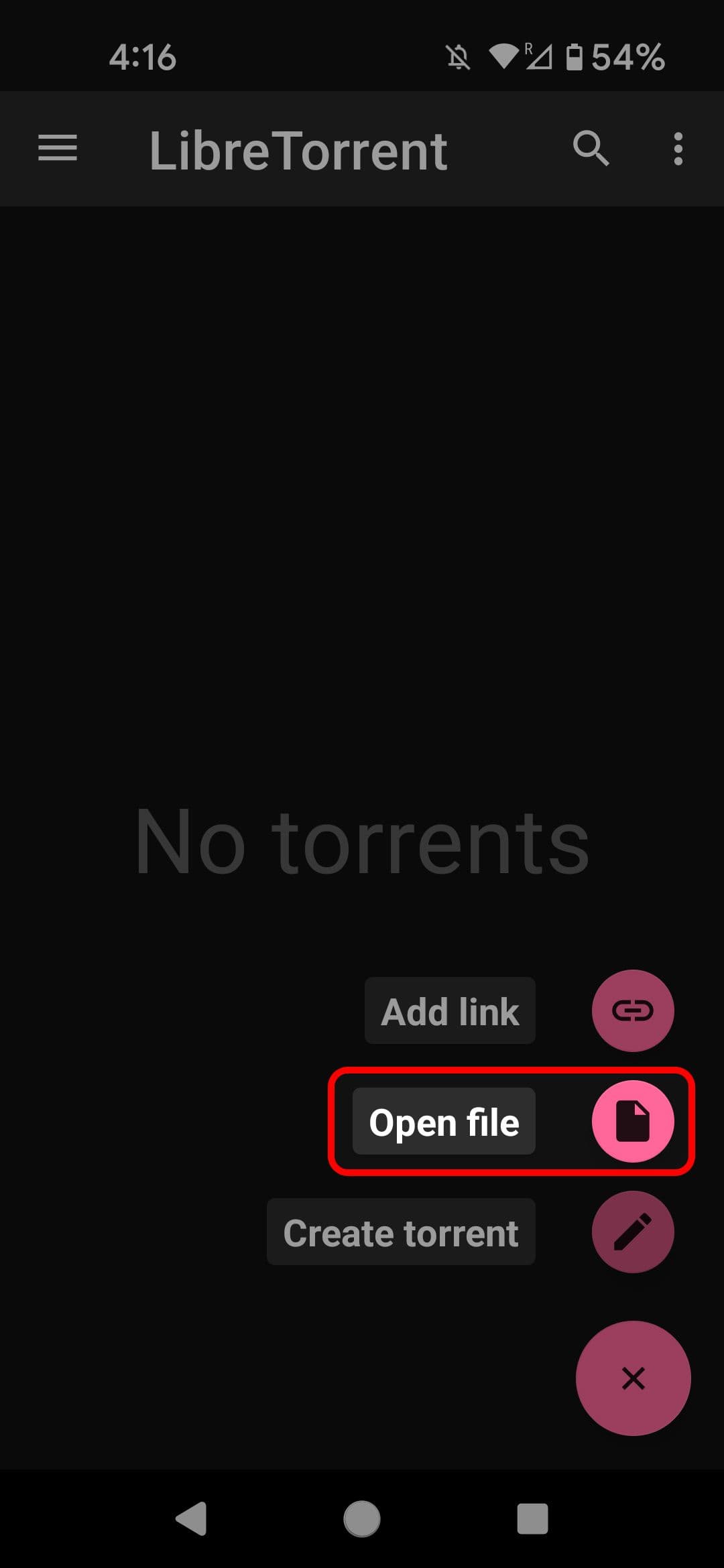 Το LibreTorrent προσθέστε το μενού torrent επισημαίνοντας την επιλογή Άνοιγμα αρχείου