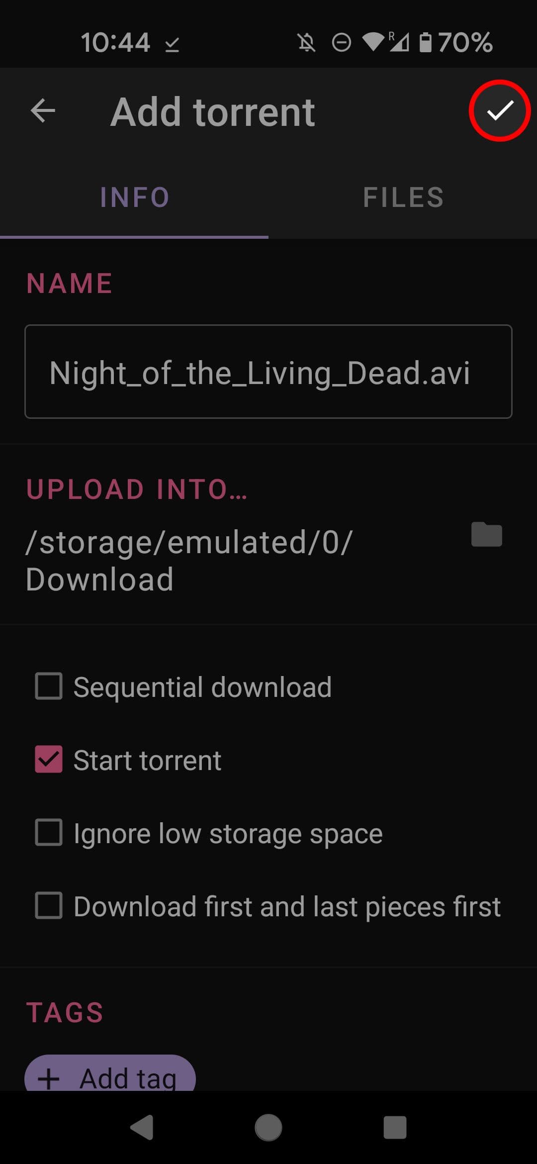 Οθόνη προλήψεων του LibreTorrent που επισημαίνει το εικονίδιο με το σημάδι επιλογής