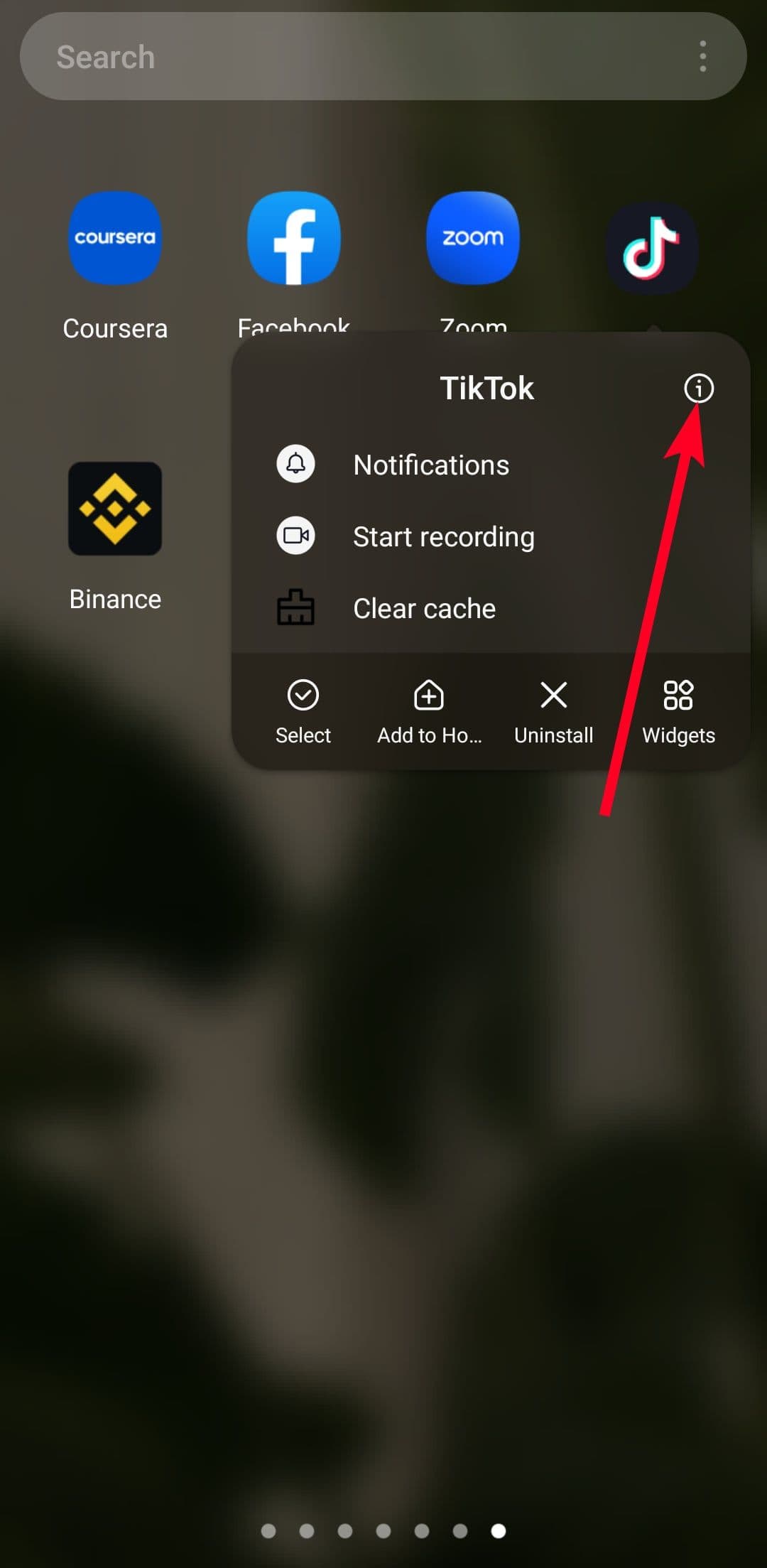 Long press options for TikTok app in the Android app menu