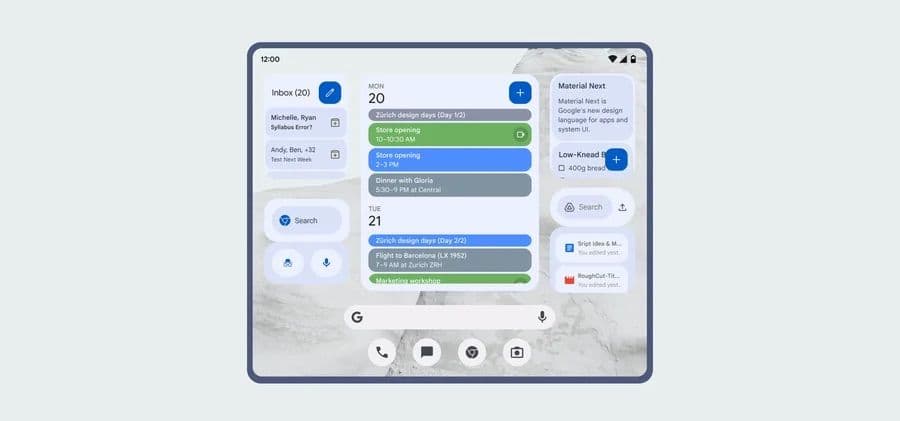 Σχεδιαστική μακέτα ενός αναδιπλούμενου τηλεφώνου που παρουσιάζει έναν αριθμό γραφικών στοιχείων Google χρησιμοποιώντας χρωματισμό Material You