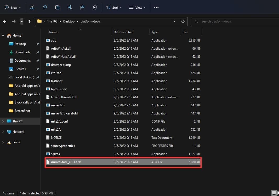 Εμφάνιση ενός παραδείγματος του αρχείου APK Store Aurora στο φάκελο platform-tools