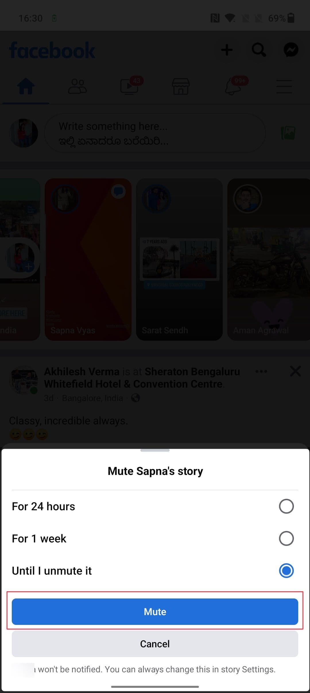 Στιγμιότυπο οθόνης επιλογής σίγασης της εφαρμογής Facebook