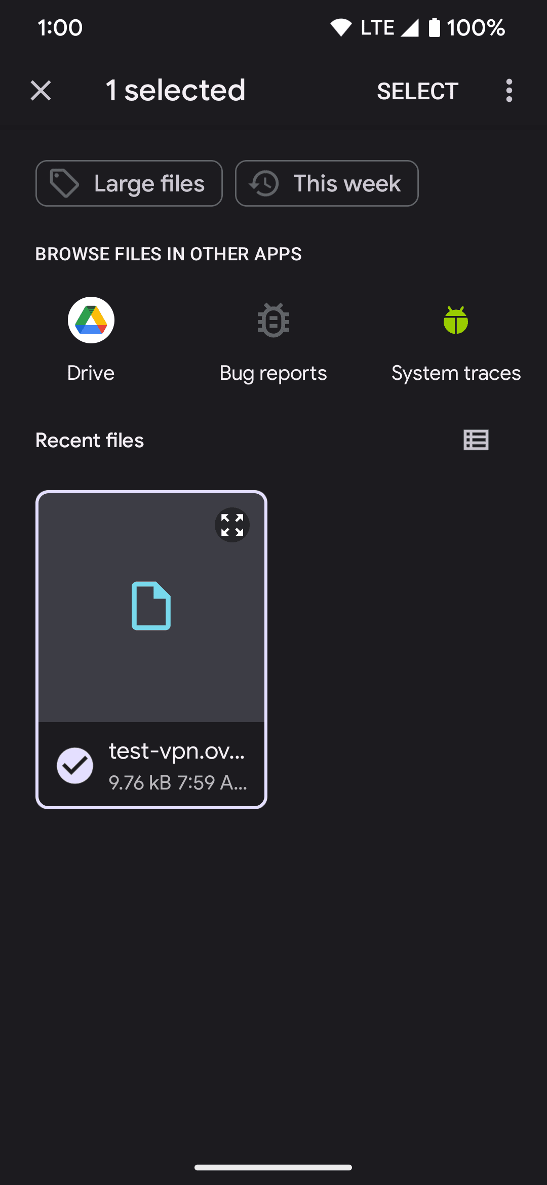 Selecting the .opvn file in the OpenVPN Android app