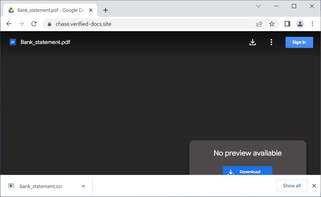 Ψεύτικος ιστότοπος Google Drive push bank_statement.scr