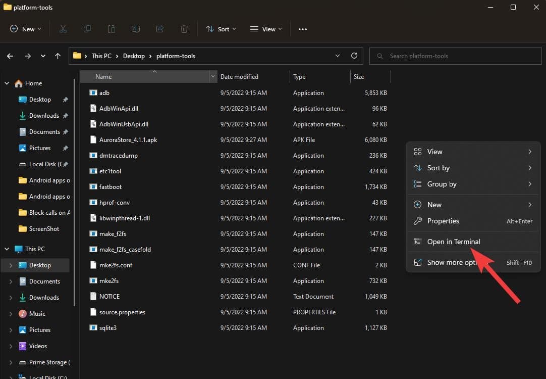 Εμφάνιση της επιλογής Άνοιγμα στο τερματικό για το φάκελο platform-tools