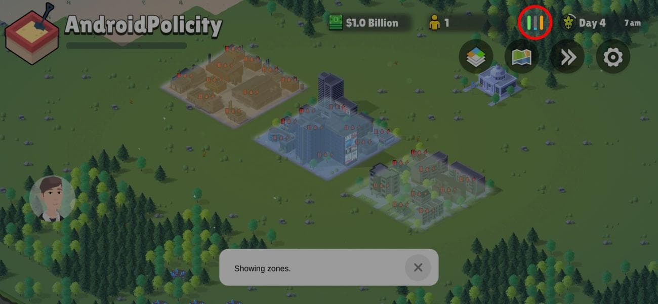 Διεπαφή χρήστη Pocket City 2 που επισημαίνει το γράφημα ζήτησης ζώνης