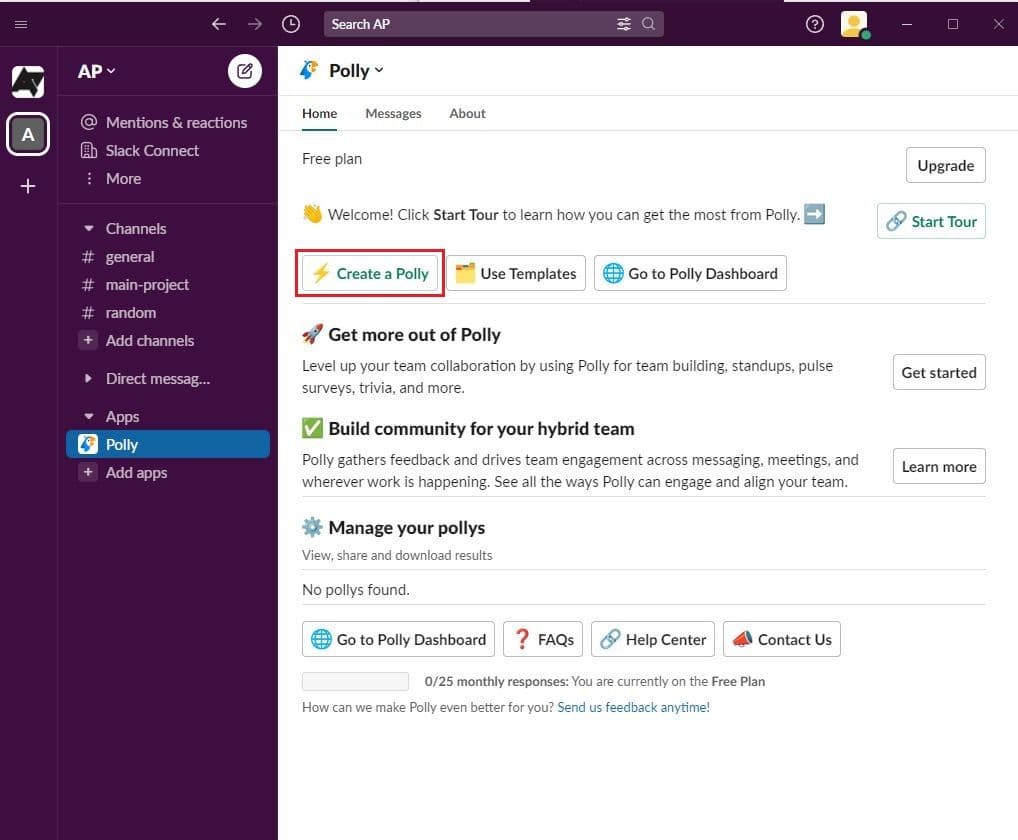 στιγμιότυπο οθόνης που δείχνει πώς να δημιουργήσετε ένα Polly στο Slack