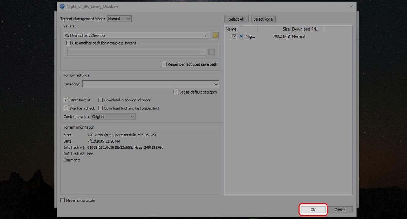 Οθόνη προλήψεων qBittorrent που επισημαίνει το κουμπί OK