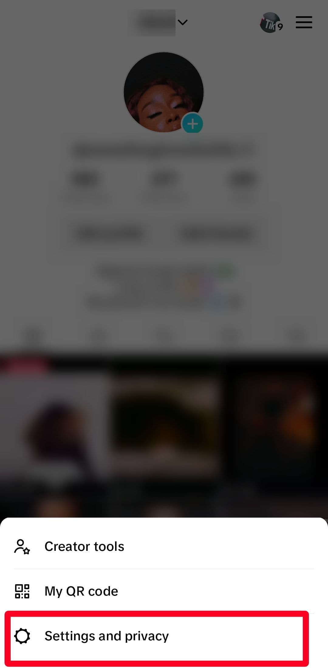 Profile menu options on TikTok app