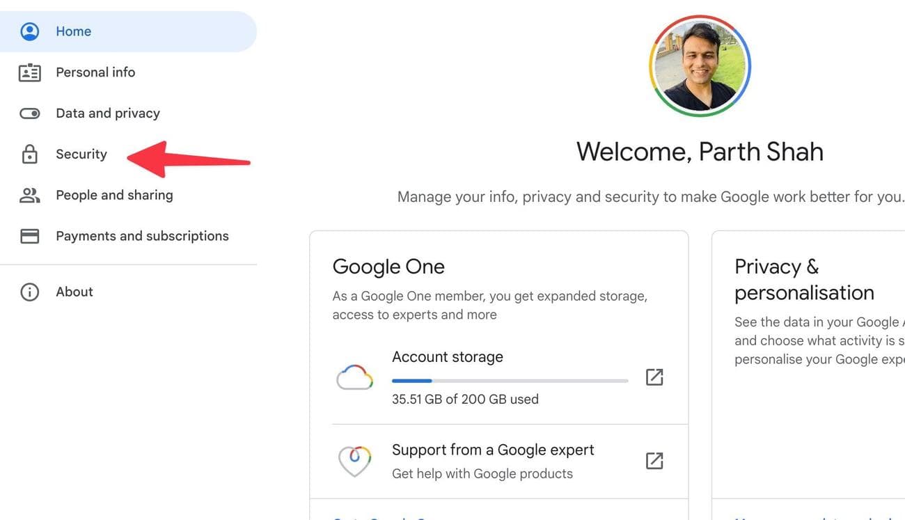 Επιλέξτε Ασφάλεια από την πλαϊνή γραμμή
