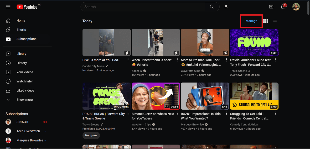 Επιλέγοντας το κουμπί Διαχείριση για να μεταβείτε στις συνδρομές σας στο YouTube στον ιστότοπο