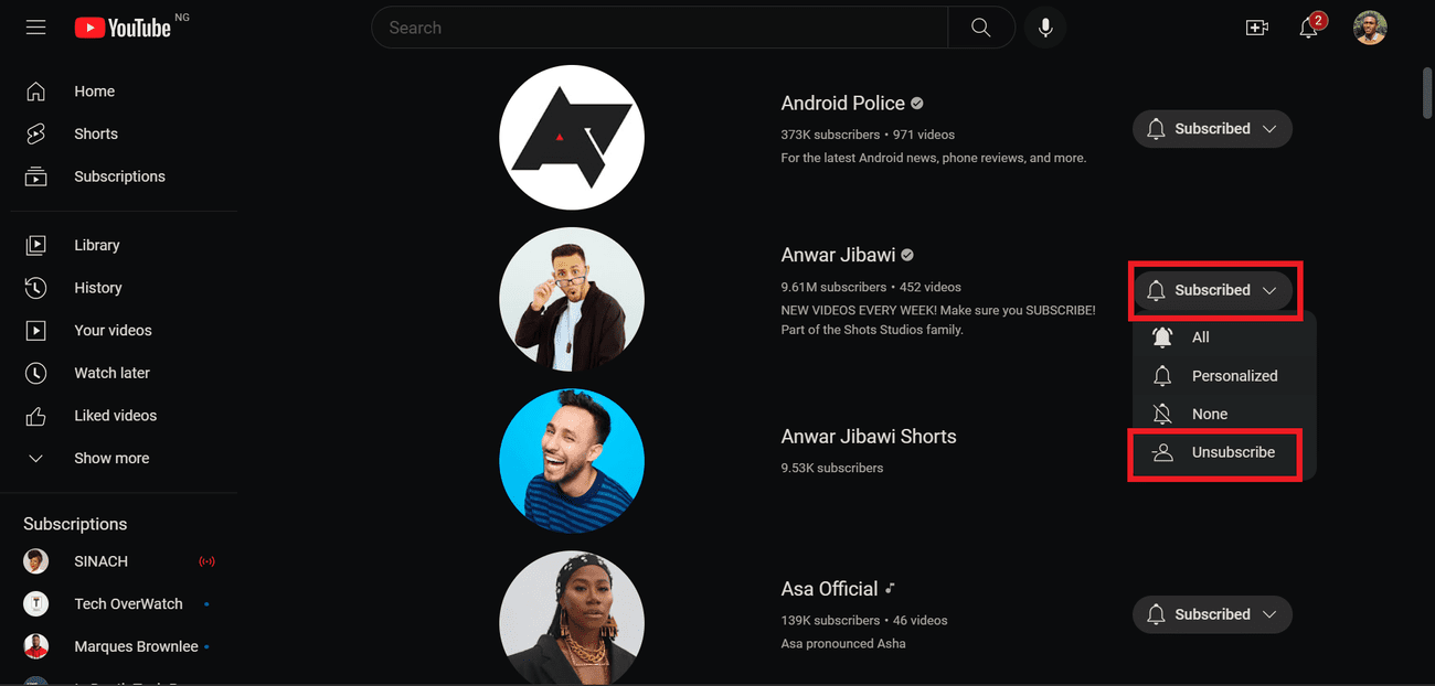 Κατάργηση εγγραφής σε κανάλι YouTube από το 