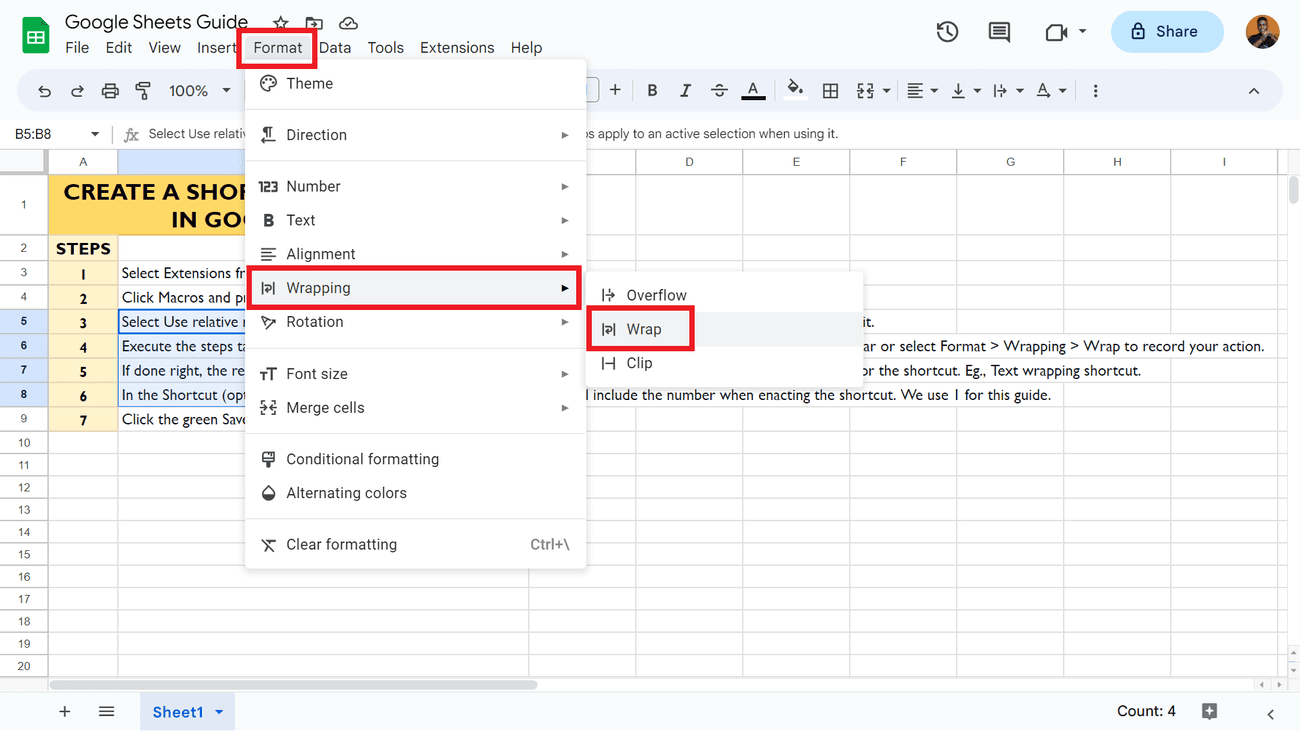 Ένα στιγμιότυπο οθόνης που δείχνει πώς να αναδιπλώνετε κείμενο στα Φύλλα Google για τον ιστό από το μενού Μορφή