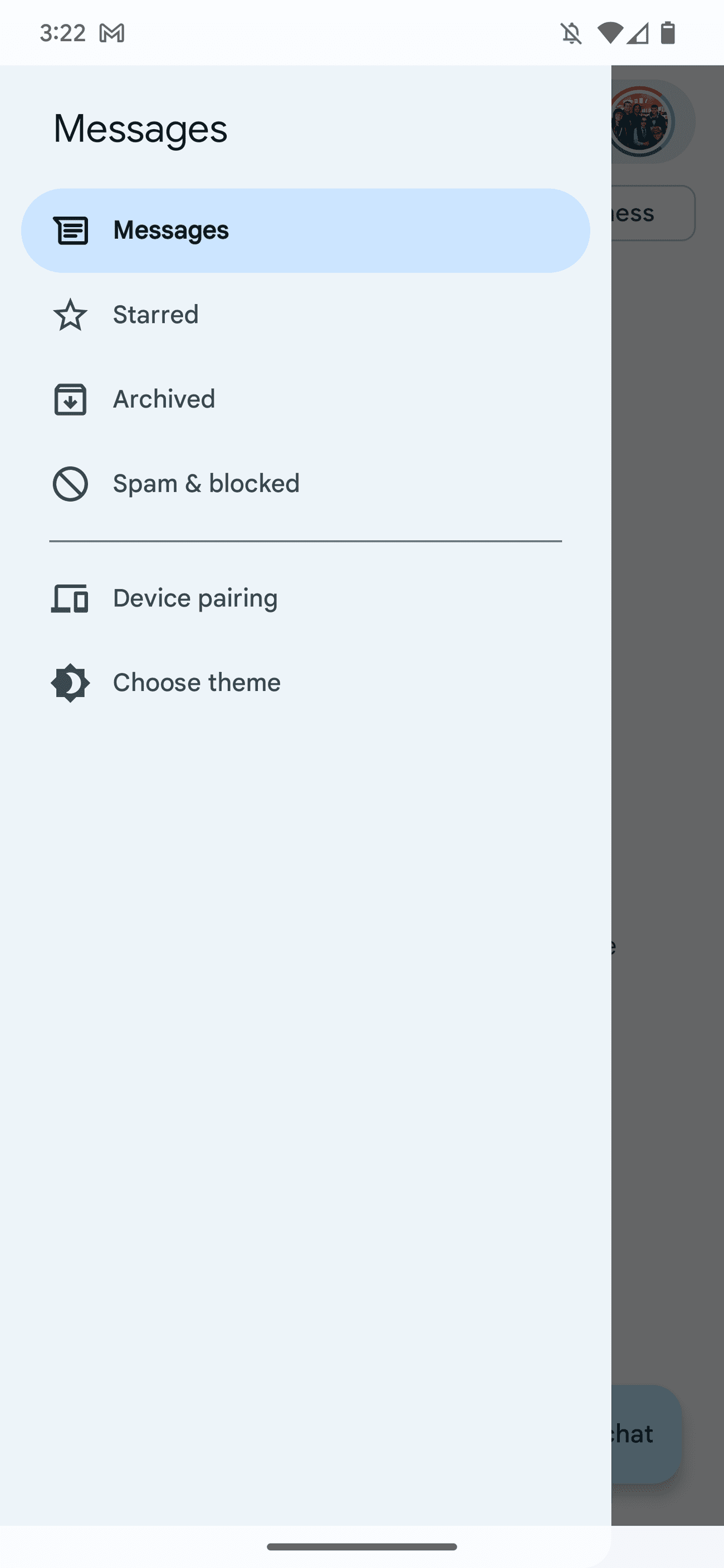 Αριστερό μενού για το Google Messages στο Android, που δείχνει πού να επιλέξετε Σύζευξη συσκευής