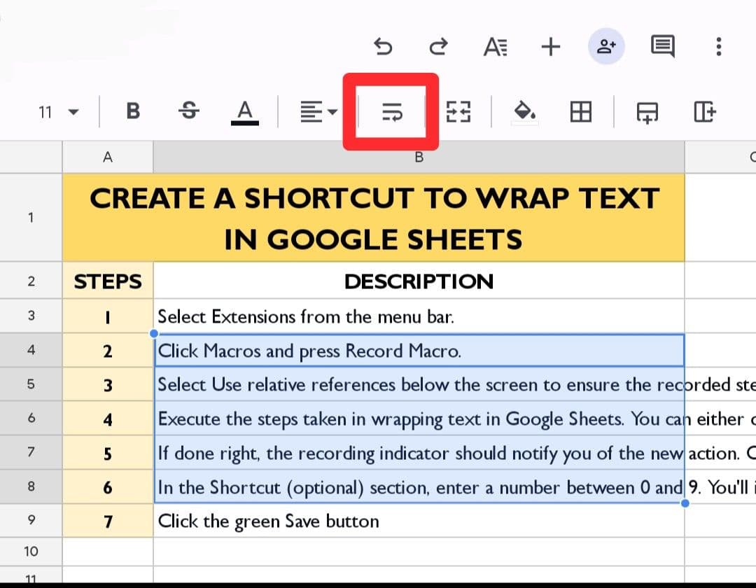 Κουμπί αναδίπλωσης κειμένου επισημασμένο στην εφαρμογή Φύλλα Google για tablet