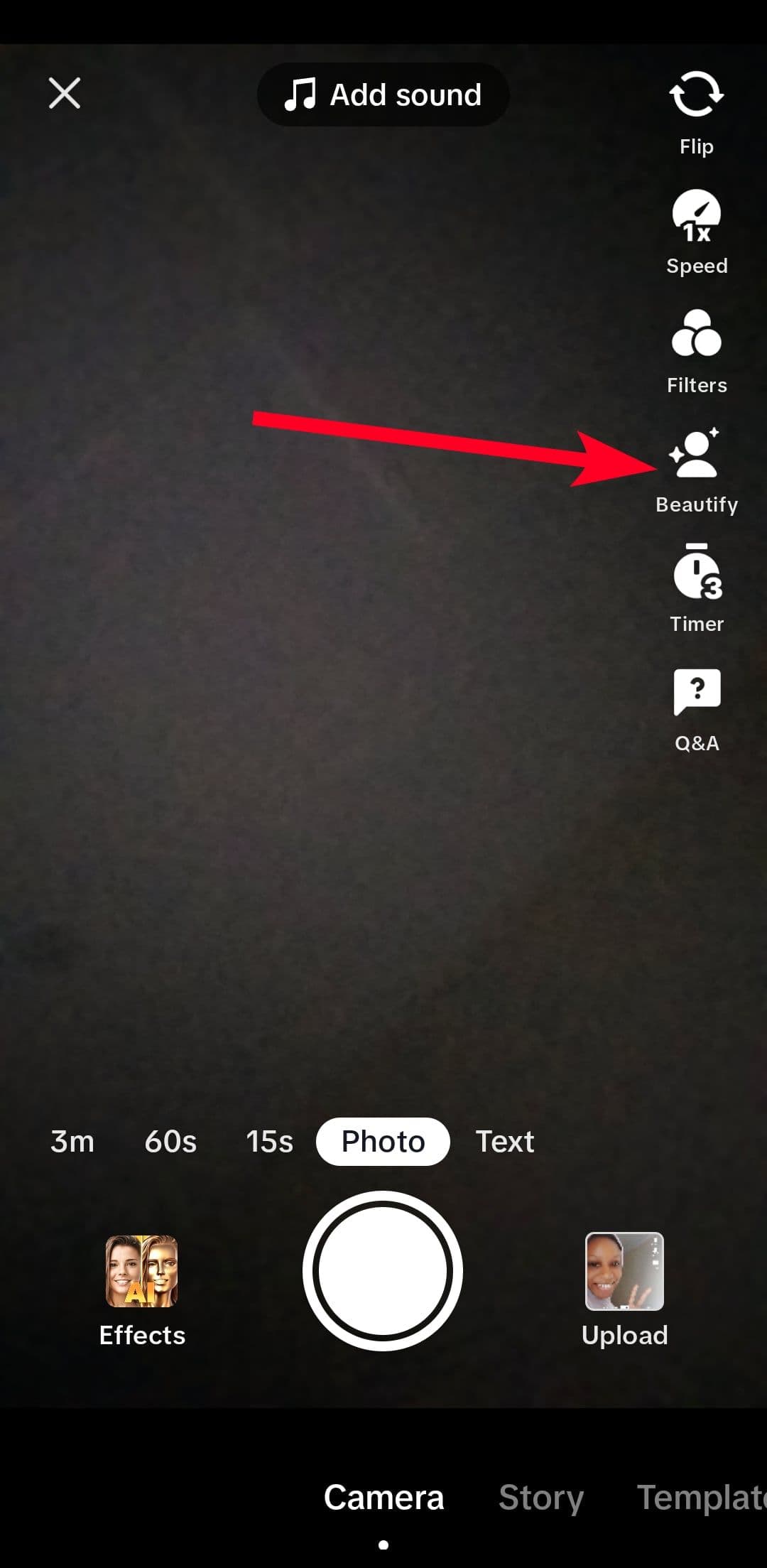 Selecting the Beautify option on TikTok app