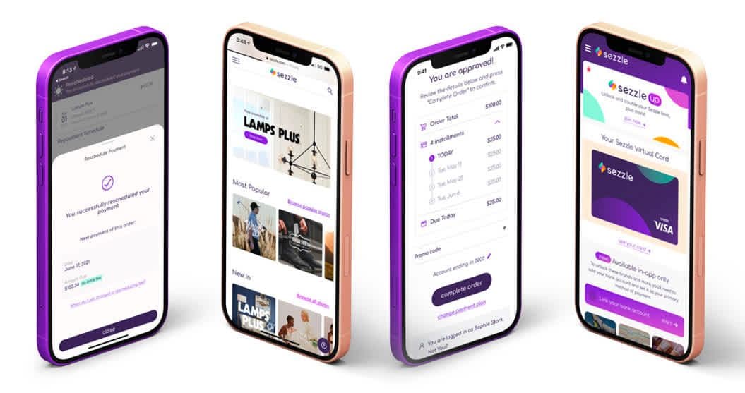 Τέσσερα τηλέφωνα που δείχνουν τη διαδικασία πληρωμής του Sezzle.