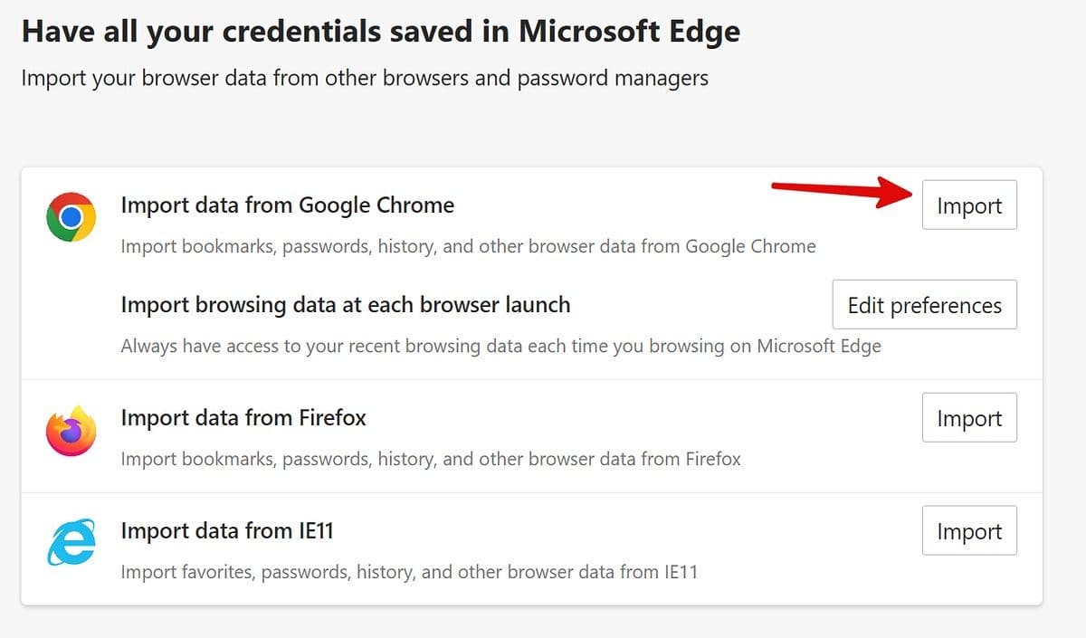 Ένα κόκκινο βέλος που δείχνει το κουμπί Εισαγωγή δίπλα στην επιλογή Google Chrome στην ενότητα εισαγωγή δεδομένων των ρυθμίσεων του Microsoft Edge