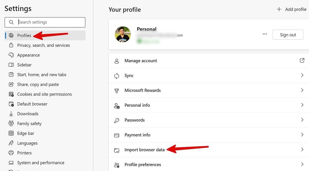 Ρυθμίσεις Microsoft Edge με κόκκινα βέλη που δείχνουν προς την ενότητα Προφίλ και την επιλογή Εισαγωγή δεδομένων προγράμματος περιήγησης