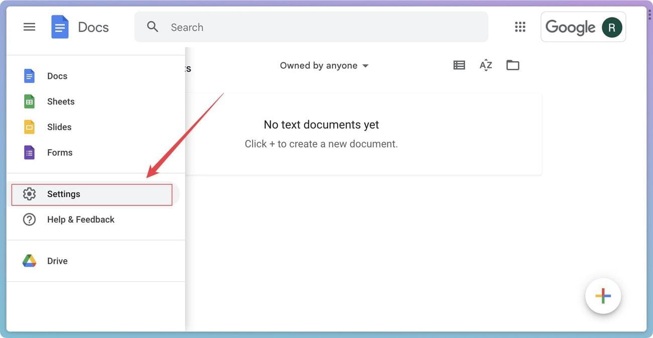Μενού Ρυθμίσεις Εγγράφων Google μέσα στο μενού χάμπουργκερ