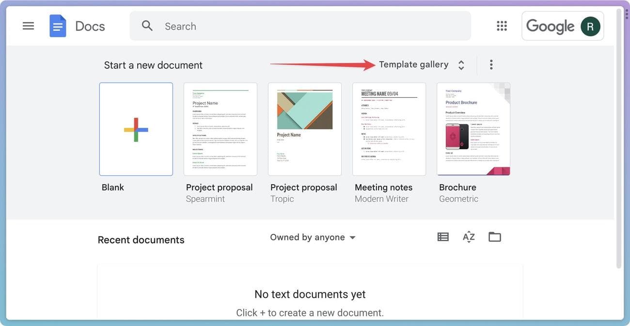 Συλλογή προτύπων Εγγράφων Google στην αρχική σελίδα