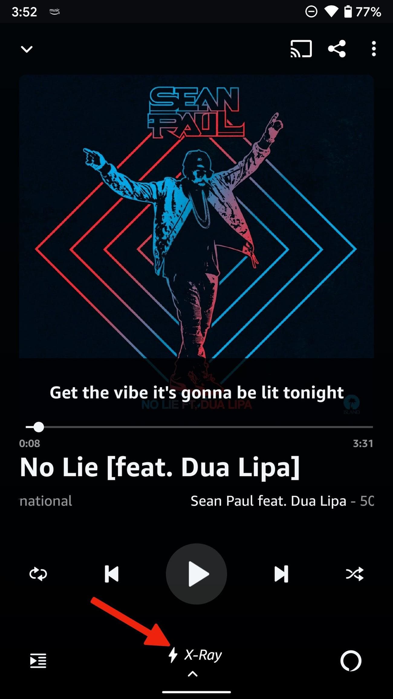 Εμφάνιση σελίδας για ένα συγκεκριμένο τραγούδι (No Lie) στην εφαρμογή Amazon Music με ένα βέλος που δείχνει την «Ακτίνα X» στο κάτω μέρος.