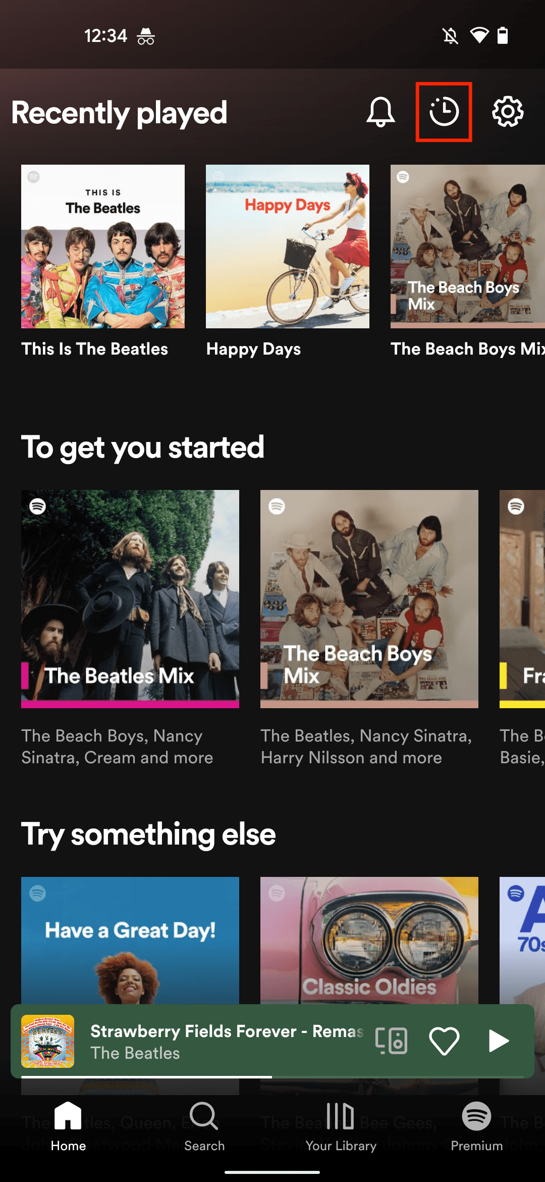 Στιγμιότυπο οθόνης της εφαρμογής Spotify Android που δείχνει τη σελίδα που παίχτηκε πρόσφατα