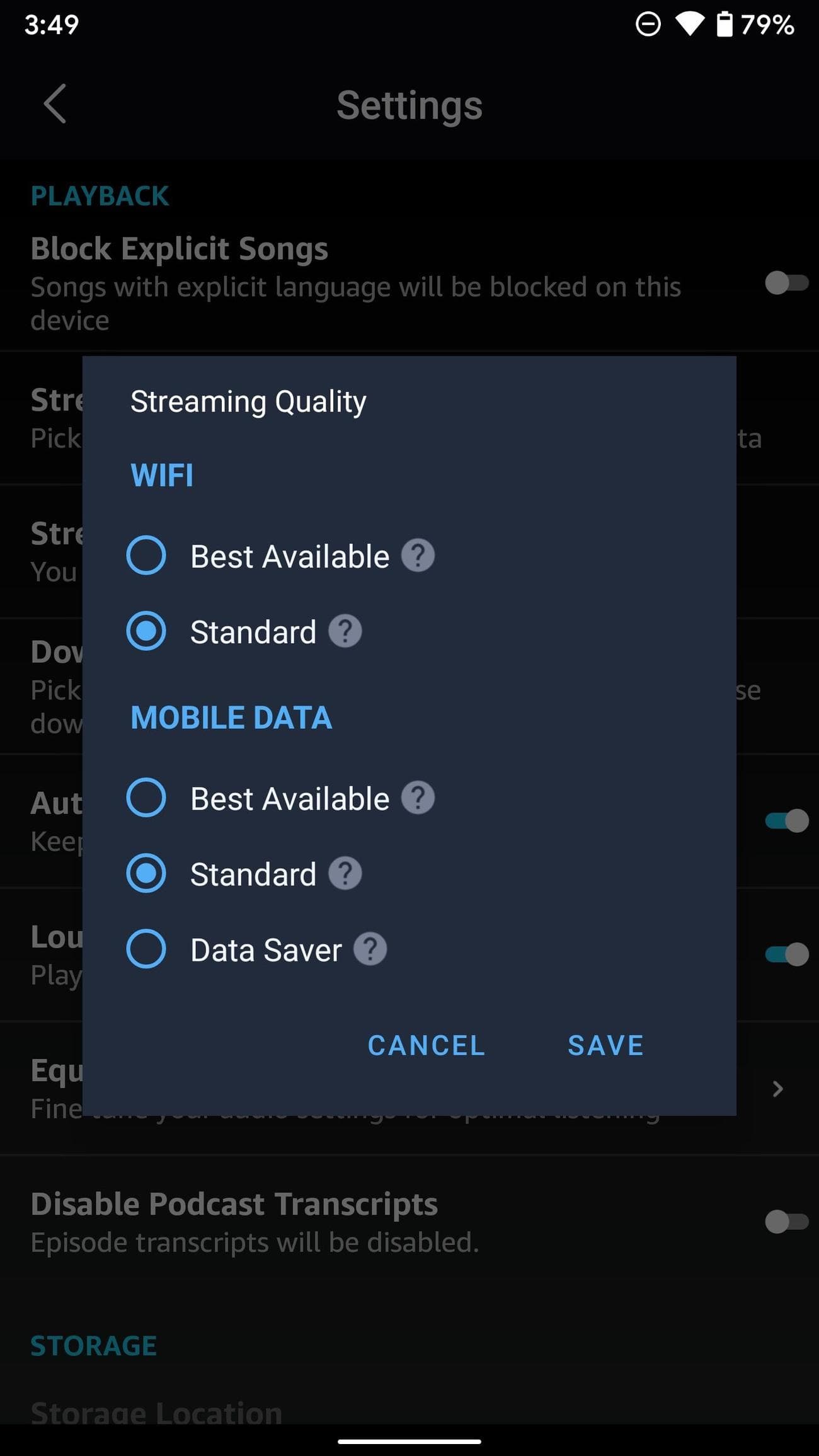 Αναδυόμενες επιλογές ποιότητας ροής στη σελίδα Ρυθμίσεις της εφαρμογής Amazon Music.