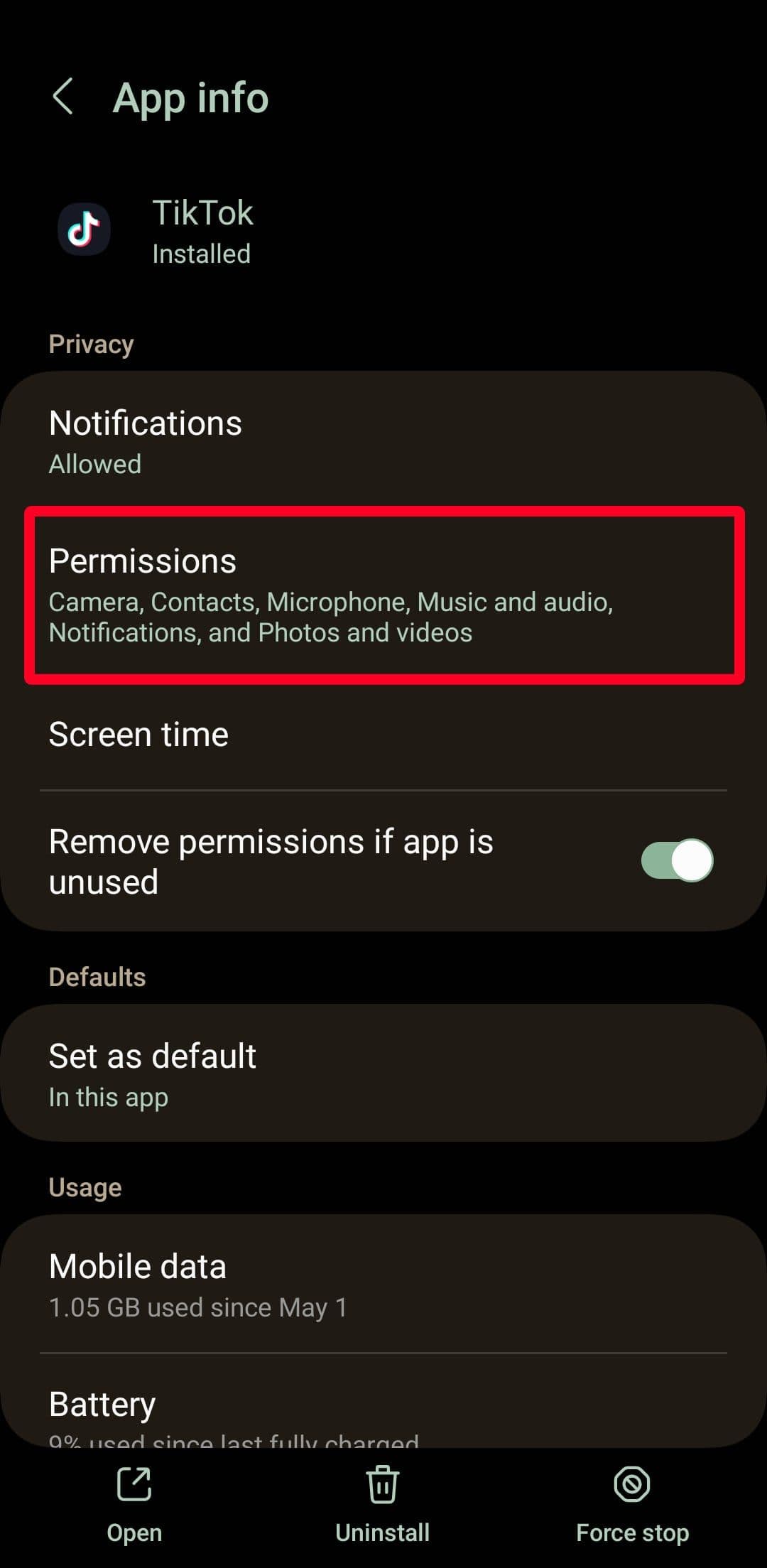 Selecting Permissions option in the TikTok app info menu on an Android phone