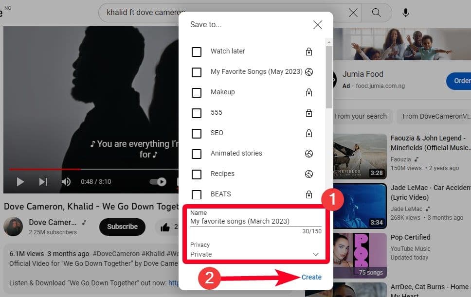 Αρχεία τίτλου και απορρήτου για τη δημιουργία μιας νέας λίστας αναπαραγωγής στον ιστότοπο του YouTube