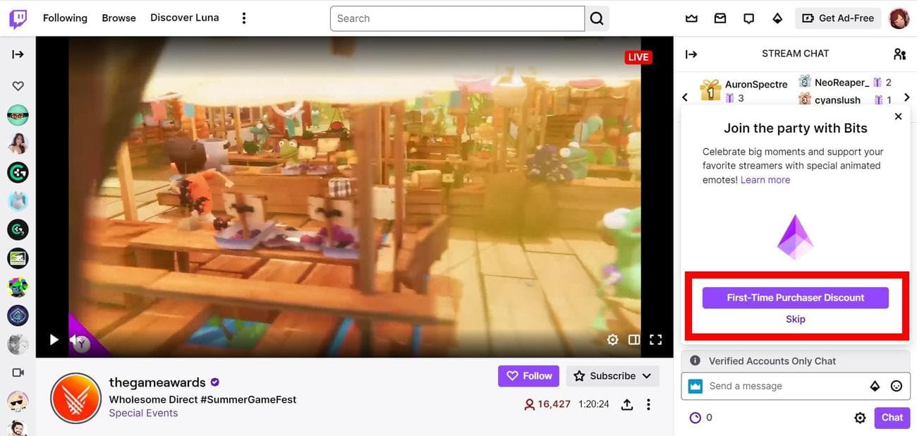 Κόκκινο ορθογώνιο περίγραμμα των επιλογών Έκπτωσης Πρώτης Αγοράς και Παράλειψης για την αγορά Twitch Bits στο Google Chrome