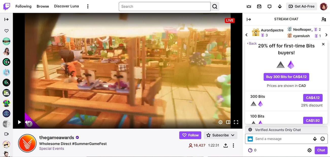 Προεπισκόπηση τιμολόγησης Twitch Bits σε ζωντανή ροή Twitch χρησιμοποιώντας το Google Chrome