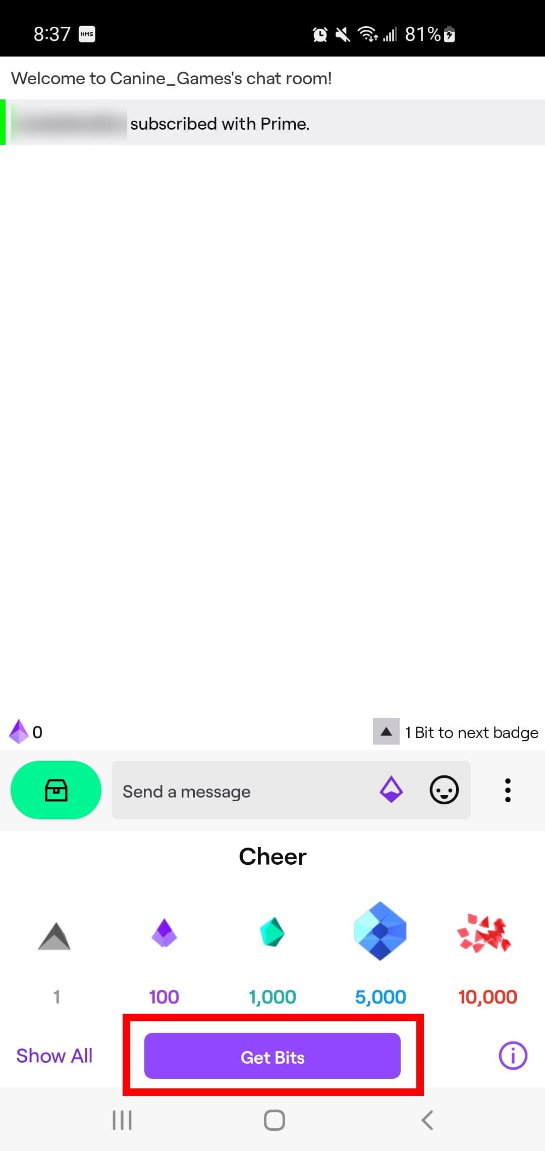 Ένα κόκκινο ορθογώνιο περίγραμμα του κουμπιού Get Bits στην εφαρμογή Twitch για κινητά