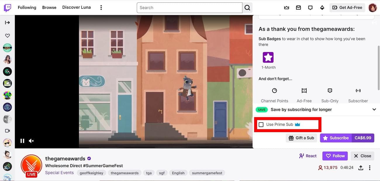 Κόκκινο ορθογώνιο περίγραμμα πλαισίου στη χρήση του Prime Sub σε ζωντανή ροή του Twitch χρησιμοποιώντας το Google Chrome