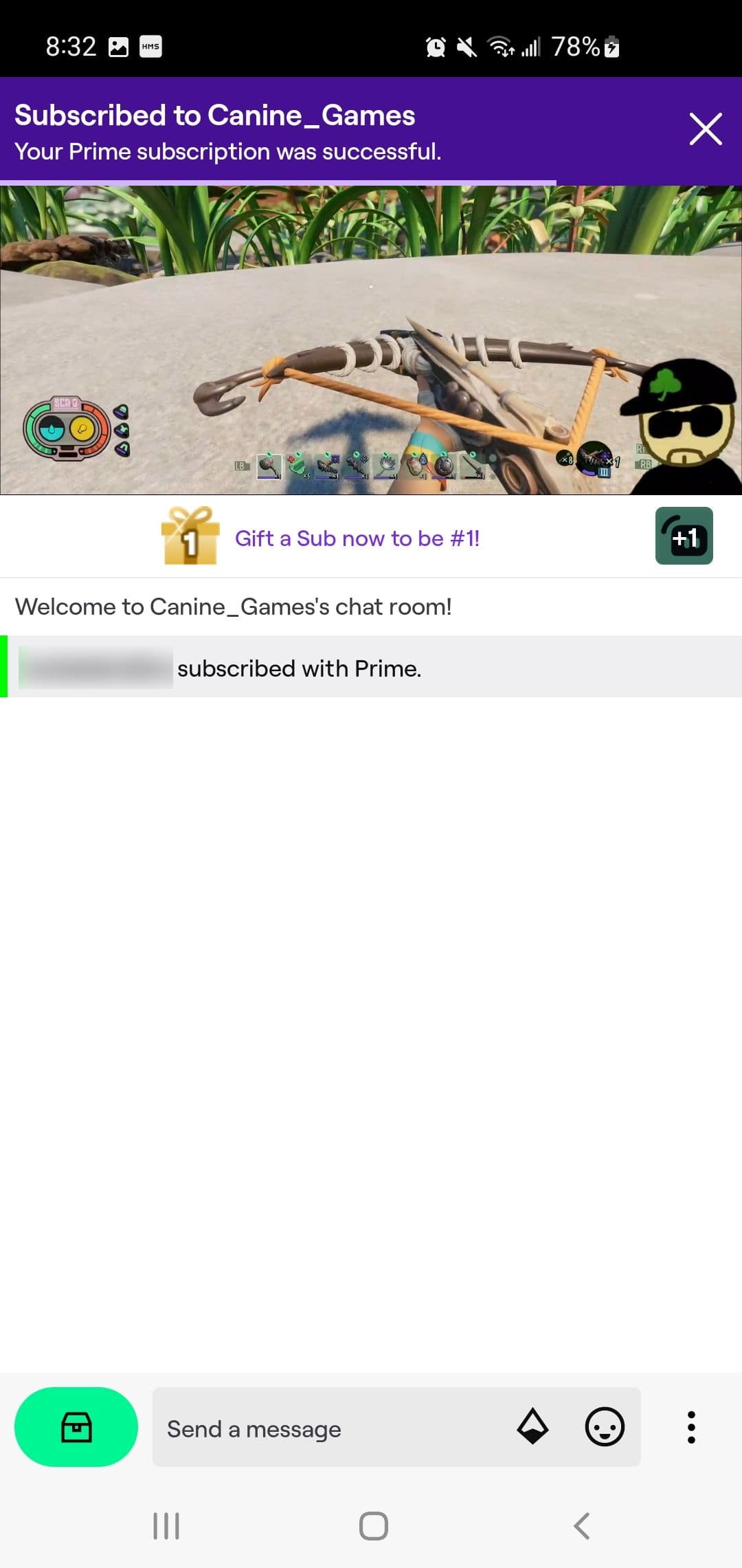 Μήνυμα επιβεβαίωσης για εγγραφή σε κανάλι Twitch χρησιμοποιώντας την εφαρμογή Twitch για κινητά