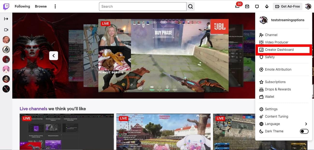 Πλοήγηση στον Πίνακα ελέγχου δημιουργού μέσω του αναπτυσσόμενου εικονιδίου προφίλ Twitch στο Google Chrome (PC)