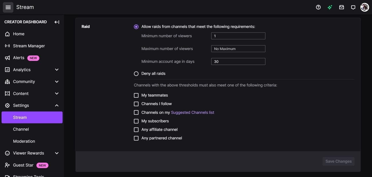Ενότητα Raid στις Ρυθμίσεις ροής στον πίνακα ελέγχου δημιουργού Twitch (Google Chrome, υπολογιστής)