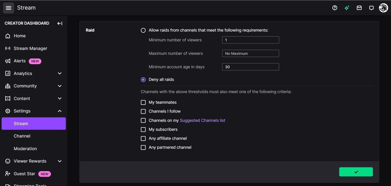 Αποθηκευμένες ρυθμίσεις raid στις Ρυθμίσεις ροής (Twitch) στο Google Chrome (PC)