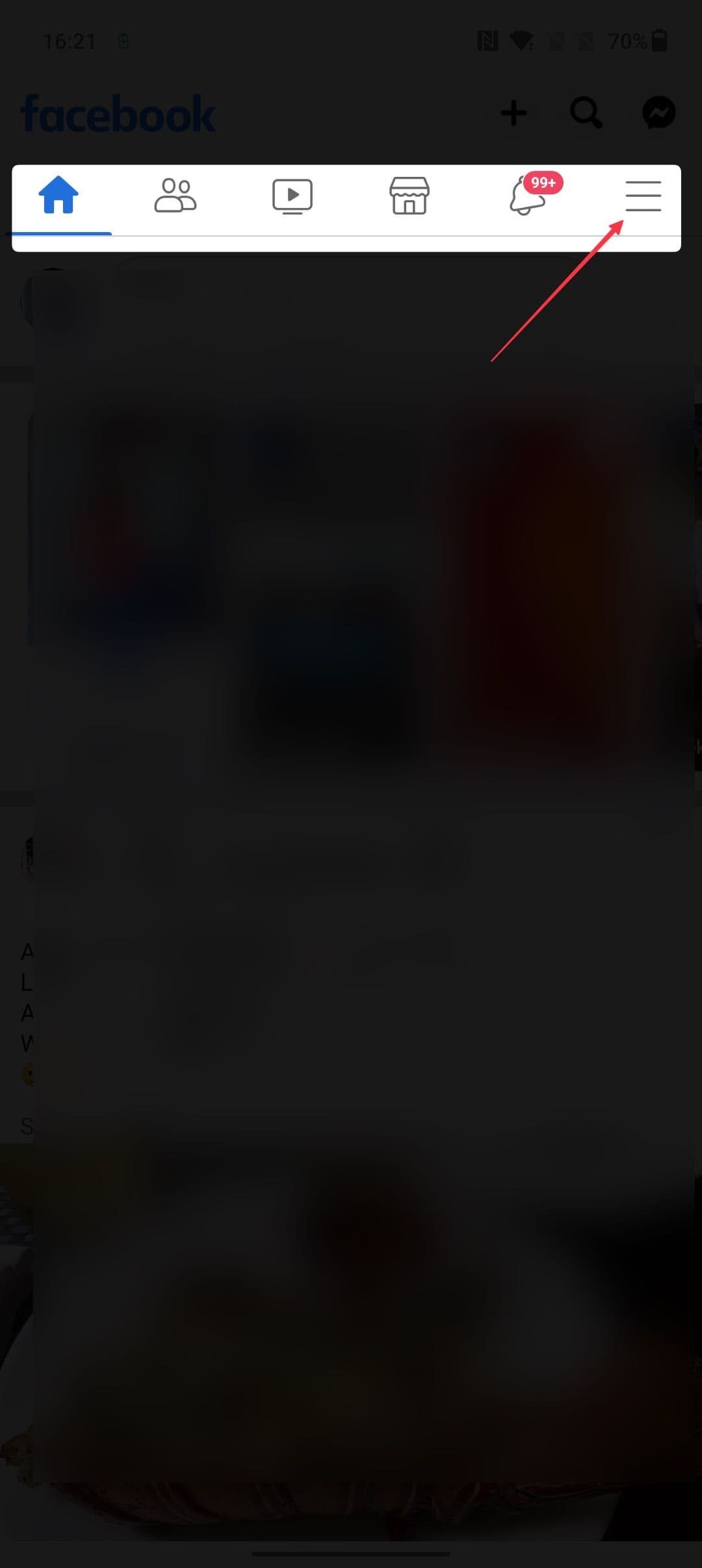 Στιγμιότυπο οθόνης αρχικής σελίδας της εφαρμογής Facebook που δείχνει το μενού χάμπουργκερ