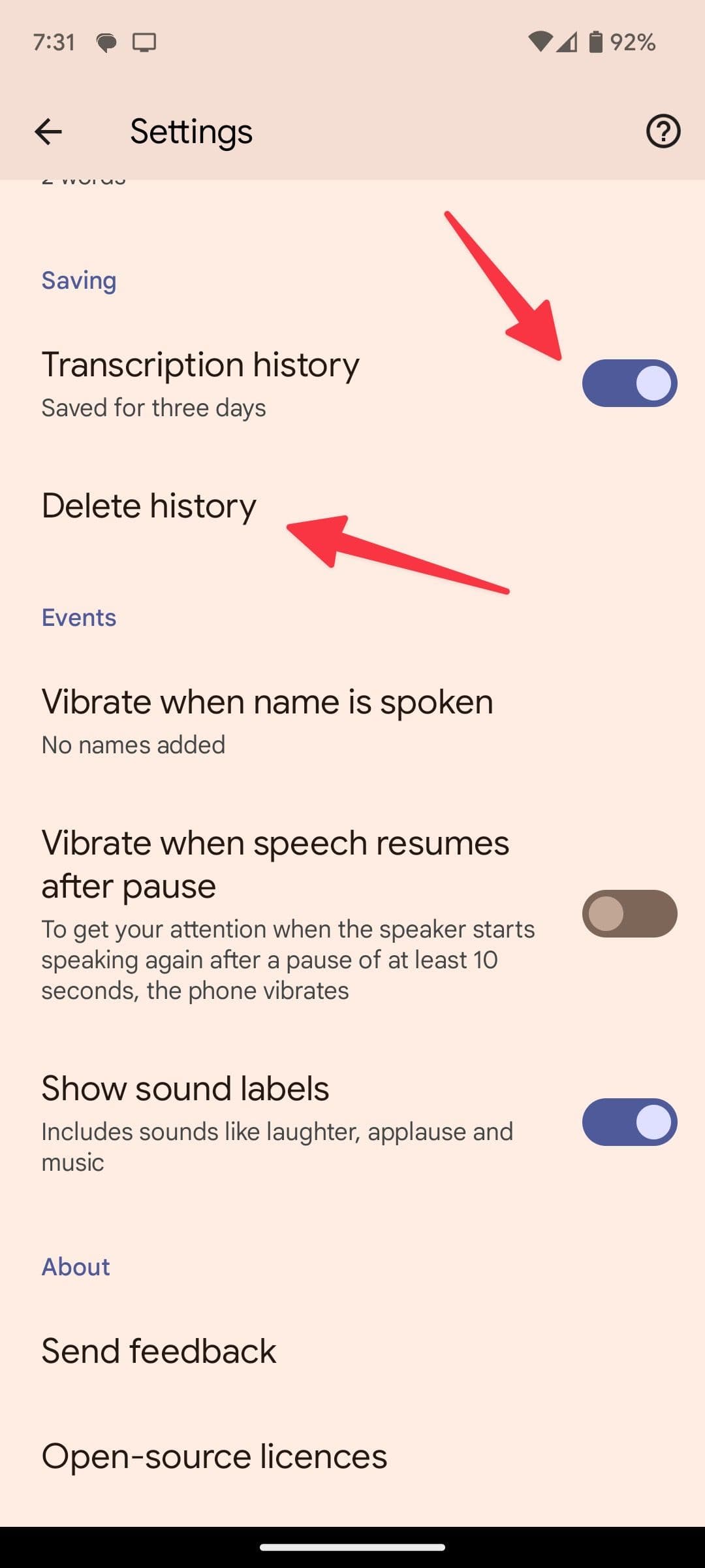 delete live transcribe history